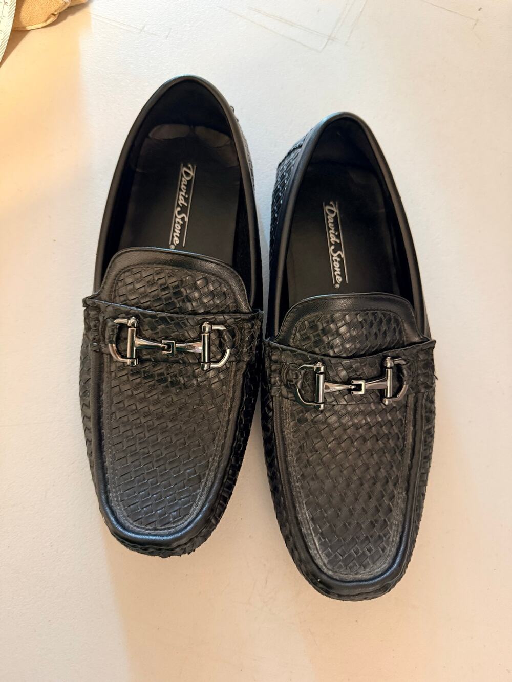 David Stone black woven leather horse bit loafers W basket-weave texture 8.5